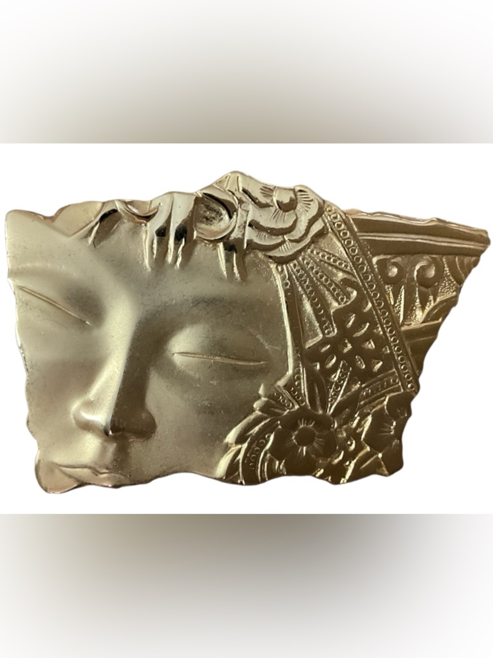 Vintage JJ Jonette Art Nouveau Lady Face Brooch Gold Tone Statement Pin